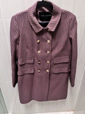 Tara Jarmon Pink Houndstooth Double-Breasted Pea Coat